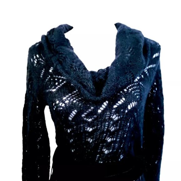 THEORY Tunic Sweater, Black Mohair Wool Soft Long Sleeve Eyelets Belted Velvet S - Picture 5 of 11